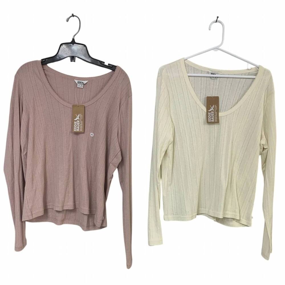 NEW EDDIE BAUER women's perfect pointelle long sleeve shirts set - plus in ivory